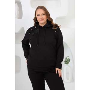 Ensemble de survêtement à capuche noir grande taille RMG avec applique florale, vêtements de sport confortables en mélange de rayonne pour l'automne et l'hiver - Product Image 3