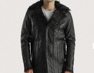 Men's Genuine Leather Jacket With <b>Fur</b> Collar Long Windproof Winter <b>Coat</b> Moto Style Black Thick Faux <b>Fur</b> Lining Single Breasted - Product Image 1