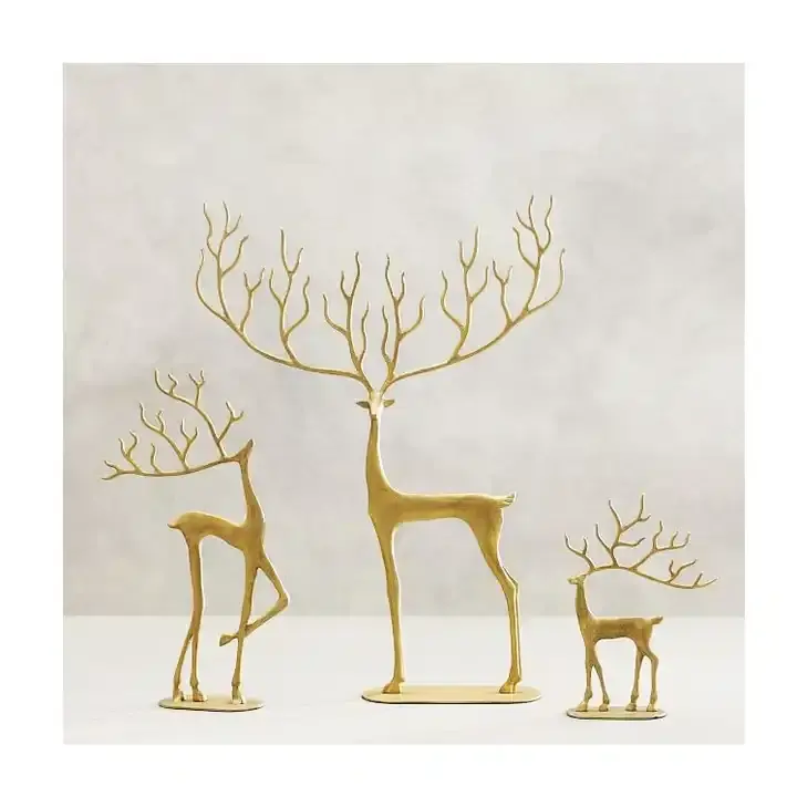 装飾アルミ鋳造ゴールドカラー鹿彫刻3点セット