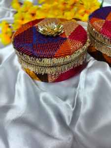 Phulkari Embroidered Stainless Steel Ladoo <b>Box</b> for Wedding Haldi Mehndi Lohri Makar Sankranti Dry Fruit Storage <b>favor</b> <b>Box</b> - Product Image 2