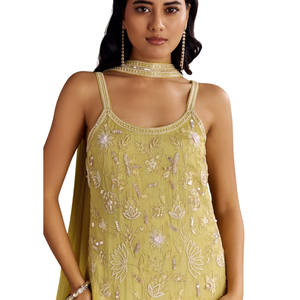 Chinon amarillo claro bordado Kurta Sharara con gargantilla Dupatta para ceremonias al por mayor bodas recepciones y personalizado - Product Image 5