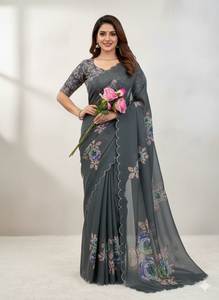 Sari de Seda Pura Ligero con Borde Estampado de Corte Elegante para Uso Diario y Fiestas de Oficina, con Pieza de Blusa, de SIE - Product Image 2