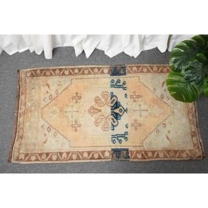 Vintage Turkish Small Rug 1.9x3.3 ft, <b>Brown</b> Blue Polka dot <b>Wool</b> Rug - Product Image 1