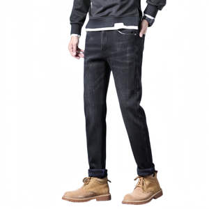 Kivotech Nouveau jean épais coupe slim pour hommes pour l'automne Jean à jambe droite à la mode pour hommes avec élastique Lavage moyen Entièrement assorti - Product Image 3