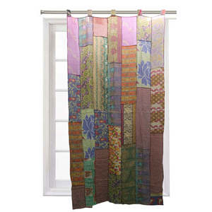 Vintage Indian Kantha Embroidered Patchwork Sari 100% Cotton Boho Window Door <b>Drapes</b> Upcycled <b>Curtains</b> & Valances - Product Image 6