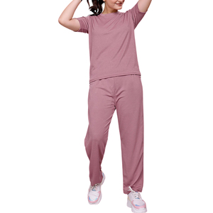 Women's <b>Pink</b> Casual <b>Tracksuit</b> <b>Set</b> Short Sleeve Crew Neck Loose Full Length Pants Breathable Lightweight Solid Color Spring Wear - Product Image 1