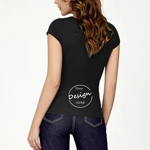 Camiseta de manga corta con cuello en V profundo para mujer, camiseta informal CVC 60% algodón 40% poliéster estampado de secado rápido para verano - Product Image 6