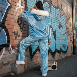 Custom Y2K Streetwear Women <b>Velvet</b> Tracksuit Icy Blue Two Piece Set Skinny Hoodie Short Above Knee <b>Joggers</b> - Product Image 3