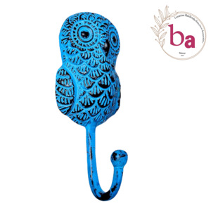 Manteau de mur de hibou artisanal en détresse bleu et crochets de chapeau matériel de fonte de cintre de porte-clés - Product Image 1