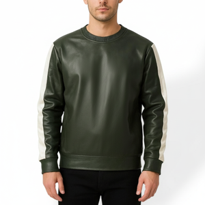 เสื้อสเวตเชิ้ตหนังแกะทำมือสำหรับผู้ชาย สีเขียว ลายทางสีขาว - Product Image 1