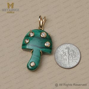 Lunette Set Malachite Gemstone Champignon Pendentif 14k Or Naturel Diamant Bijoux À La Main MMushroom Designer Pendentif Bijoux - Product Image 3