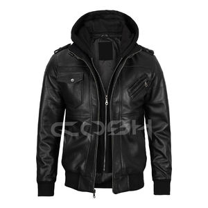 ผู้ผลิตแจ็คเก็ตบอมเบอร์หนังสีดำคุณภาพสูงสำหรับผู้ชายแบบมีฮู้ดถอดได้ พร้อมชายเสื้อและปลายแขนเสื้อแบบริบ - Product Image 4