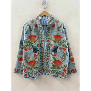 เสื้อแจ็คเก็ตกำมะหยี่ปักลายดอกไม้สีฟ้าอมน้ำเงินคุณภาพพรีเมียม  ผ้าฝ้ายบางเบา  หนังแท้  สำหรับฤดูใบไม้ผลิ  ไซส์ XL - Product Image 2