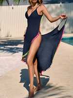 Robe longue asymétrique décontractée pour femme, respirante, col halter en V, dos ouvert, fente haute, bordure pompons, idéale pour la plage - Vente en gros
