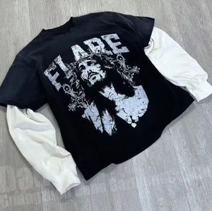 Dernier modèle Design Patchwork Streetwear Sport T-shirt unisexe double couche à manches longues en coton oversize pour hommes - Product Image 4