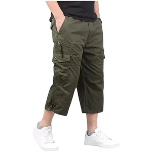 Men's Cotton Cargo Capri Pants - Summer Elastic Waist Below Knee