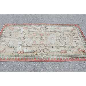 Alfombra turca de área grande Vintage 3,7X7,3 pies Estilo Kilim rojo beige con patrón abstracto Material de lana 10mm de espesor Respaldo de látex - Product Image 3