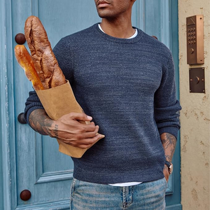 Pull ras du cou pour hommes Pull tricoté à manches longues texturé gaufré Pull côtelé décontracté à manches longues respirant - Product Image 2