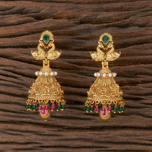 Boucle d'oreille antique Peacock Jhumki avec placage à l'or 610069 exportateur de bijoux faits à la main en Inde - Product Image 1