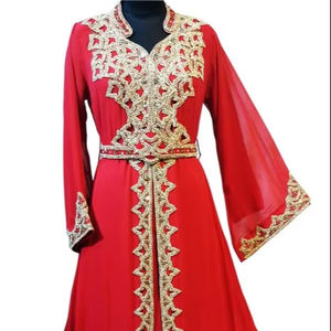<b>Red</b> <b>Beads</b> and Stone Work Georgette Hand Stiched Arab Moroccan Kaftan - Product Image 1