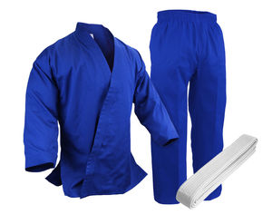 Uniforme Kimono de Karate Unisex personalizable aprobado por la WKF azul con cinturón blanco (algodón polivinílico) - Product Image 1