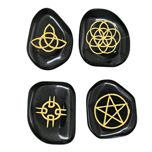 Juego de 4 Piedras Grabadas Wiccan de ágata negra, piedras paganas de Reiki, suministros de Wiccan, herramientas, meditación curativa, prácticas espirituales - Product Image 2
