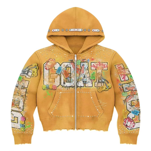 Sweat à capuche zippé strass lourd sweat à capuche en détresse pour hommes lavé à l'acide personnalisable broderie printemps sweats à capuche 2025 - Product Image 4