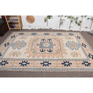 Alfombra de lana Kilim turca Vintage, diseño de retazos beige y azul, forma de pasillo rectangular, 6x8,9 pies, técnica de tejido plano de gran tamaño, látex - Product Image 1