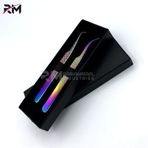 RMI Multi Plasma Couleur Cils Pince À Épiler Point Régulier Courbé Et 90 Degrés Diamant Grip Et 2 Pcs Noir Carte Boîte Emballage - Product Image 3