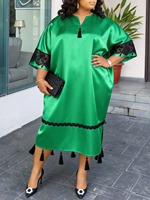 ADR060245 Robes Bubu en satin à franges, style africain ample, avec patchwork de dentelle et demi-manches, vente en gros