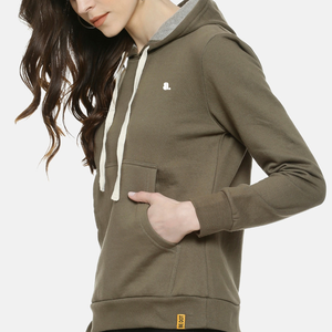 Détaillant couleur unie femmes pull à capuche à capuche en gros plaine poche kangourou coupe ajustée décontracté polyester coton - Product Image 2
