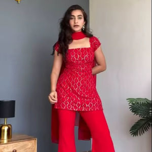 Traje de Trabajo Mini con Cuello Alto, Diseño de Corte Bootcut, Bordado Floral con Lentejuelas, Cintura Natural, Estilo Línea A, en Faux Georgette, para Fiestas de Verano - Product Image 1