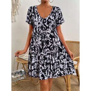 Robe courte à manches chauve-souris et col en V pour femme, motif Supreme, 37265 - Noir - Product Image 2