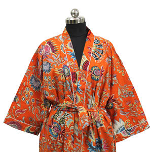 Kimono de algodón naranja de estilo bohemio para mujer, diseño ligero con estampado Floral suave para salón de verano, uso junto a la piscina de viaje - Product Image 1