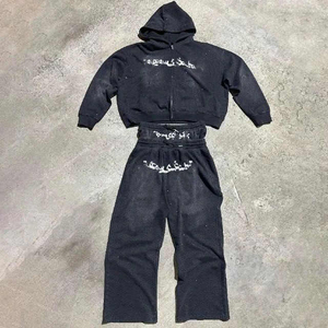 Nuevo mejor precio completo de diamantes de imitación piedra lavada chándal lavado ácido pantalones de chándal y sudaderas con capucha conjunto Streetwear Unisex chándal - Product Image 1