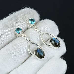 Boucle d'oreille en argent sterling 925 belle calcédoine bleue et topaze bleue pierre précieuse Cabochon naturel boucle d'oreille cadeau pour elle pour les femmes - Product Image 2