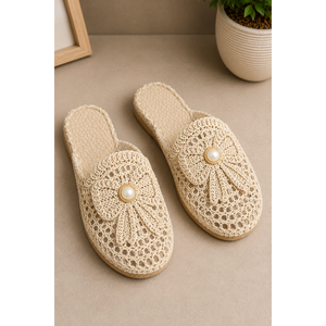 Casual for Cream Bow Motif Straw for <b>Slippers</b> with Closed Toe Breathable Upper and PU PVC Rubber Insole for Spring and <b>Summer</b> - Product Image 2