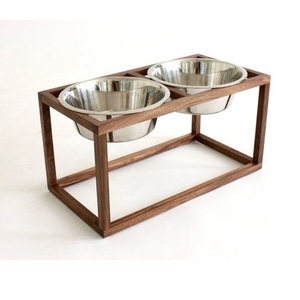 Double plat moderne d'alimentation en eau pour chien et chat en acier inoxydable B support surélevé en bois et métal B support en fer B - Product Image 1