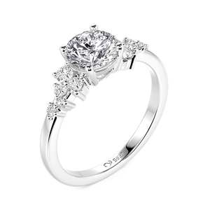 Jeulia Rhodium Plated Copper Cluster Round Cut Engagement <b>Ring</b> with Side Stones - Product Image 2