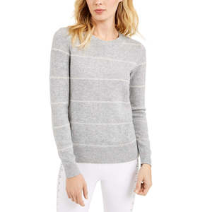 Maglione da donna Michael Kors a righe grigio melange con perle, traspirante, stile coreano, per autunno inverno, disponibile nelle taglie XS, Petite, Large - Product Image 1