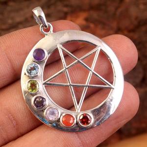 Pendentif Chakra multi-pierres précieuses en argent sterling fait à la main bijoux de créateur uniques pour cadeaux de fiançailles spirituels plaqué or - Product Image 3