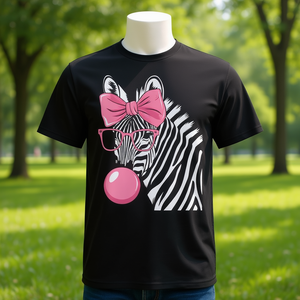 Maglietta promozionale con zebra che indossa occhiali e soffia bolle di gomma rosa - Product Image 3