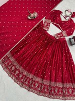 Lehenga Choli de Seda Pura con Diseño Elegante en Color Rojo, Completamente Cosido, Colección Popular para Bodas y Fiestas, Precio al por Mayor SHREE