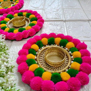 Colorful Pom Pom Rangoli Candle Holders Handmade Tealight Holders for Diwali, Pooja, Wedding & Festive Home Decor | Return Gift - Product Image 1