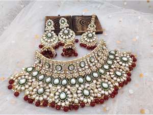 Conjunto de Gargantilla de piedra y cuentas Kundan de alta calidad para mujer, ideal para ocasiones especiales, collar de lujo con Maang Tikka y pendientes - Product Image 5