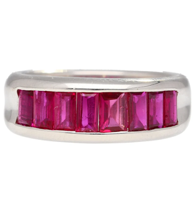 Solid 925 Sterling Silver Plated 1 Row Baguette Cut Ruby Natural Moissanite Diamond Band <b>Ring</b> Half Bezel October Birthstone <b>Ring</b> - Product Image 5