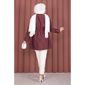 เสื้อคลุมลำลองกระดุมครึ่งเม็ดพร้อมเข็มขัดรัดเอวสีเบอร์กันดี - Product Image 4
