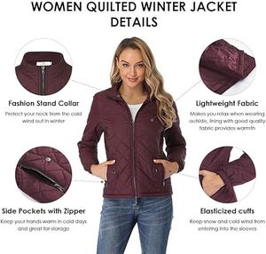 OEM Women's Quilted <b>Jacket</b> Lightweight Stand Collar Zipper Padded Sportswear Windbreaker <b>Jacket</b> <b>Red</b> Coat Outdoor <b>Jackets</b> - Product Image 6