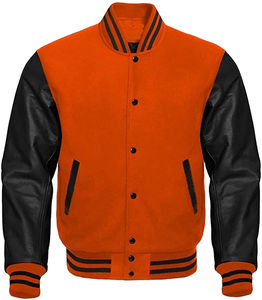 แจ็กเก็ตเบสบอลสีดำสีขาวพร้อมแขนเสื้อหนังปักโลโก้แบบปะติดเสื้อแจ็คเก็ตบอมเบอร์สไตล์ทำงานออกแบบได้ตามที่ต้องการ - Product Image 5