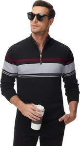 Pull à fermeture éclair pour hommes pulls polo automne hiver sweats chauds en coton et polyester avec motif rayé teint uni - Product Image 3